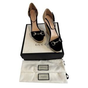 Gucci Horsebit Espadrille Black Suede Wedges Size  41.5 Box & Dust Bags Included